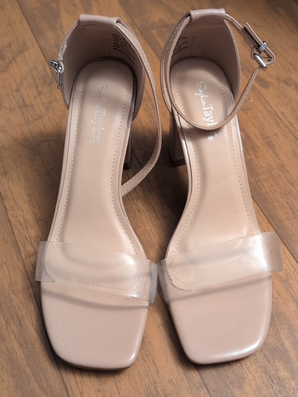 Nude Ankle-Strap Block Heels with Clear Toe Band
